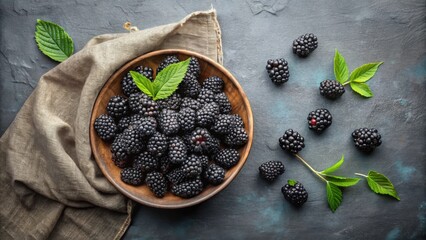 A rustic wooden bowl overflowing with freshly picked blackberries, accompanied by lush green leaves and a textured linen cloth, presents a delectable still life.