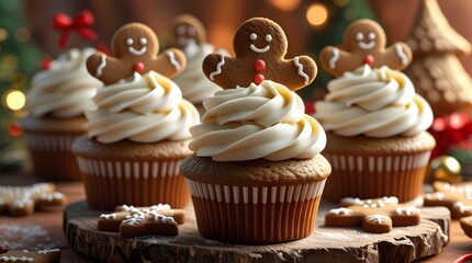 Moist and freshly baked gingerbread cupcakes with swirls of creamy white cream cheese frosting, topped with crunchy gingerbread cookies cut into festive holiday shapes