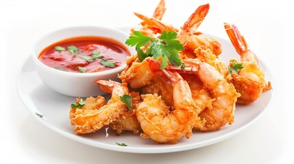 Fototapeta premium Golden Fried Shrimp Collection: Assorted Breaded, Crispy Fried Shrimp (with Tails, Tempura, Long Rolls) in Clusters, Heaps, Plates & Bowls, Paired with Dipping Sauces for Seafood, Culinary