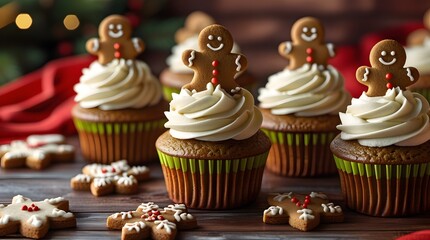 Moist and freshly baked gingerbread cupcakes with swirls of creamy white cream cheese frosting, topped with crunchy gingerbread cookies cut into festive holiday shapes