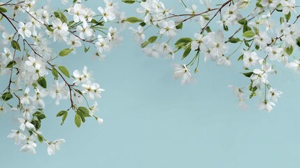 Close-up shot of blooming white cherry blossoms on delicate branches against a light blue background. Concept for spring backgrounds, wedding invitations and seasonal promotions