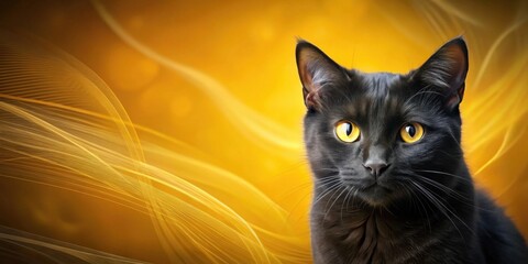 A Majestic Black Cat with Glowing Yellow Eyes Poses Against a Vibrant Abstract Gold Background