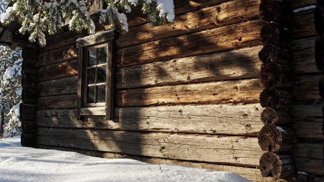 Rustic log cabin wall with snow and window in winter sunlight