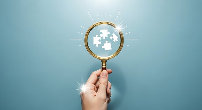 Hand holding magnifying glass over puzzle pieces on a blue background - Powered by Adobe