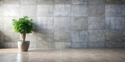 A lush green potted plant stands elegantly against a modern grey tiled wall, showcasing a minimalist interior design concept in a spacious room with a neutral color palette.