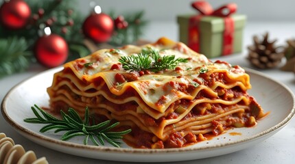 Piece of tasty hot lasagna on christmas background. 