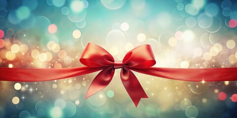 A festive red ribbon tied in a perfect bow against a shimmering bokeh background, ideal for celebratory occasions and special announcements.
