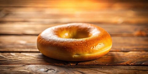 Golden-brown bagel rests on rustic wooden surface, capturing the essence of simple bakery delights