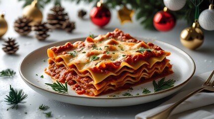 Piece of tasty hot lasagna on christmas background. 