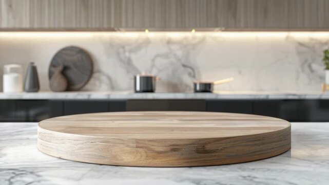 A wooden cutting board sits on a marble countertop. The countertop is white and has a black border