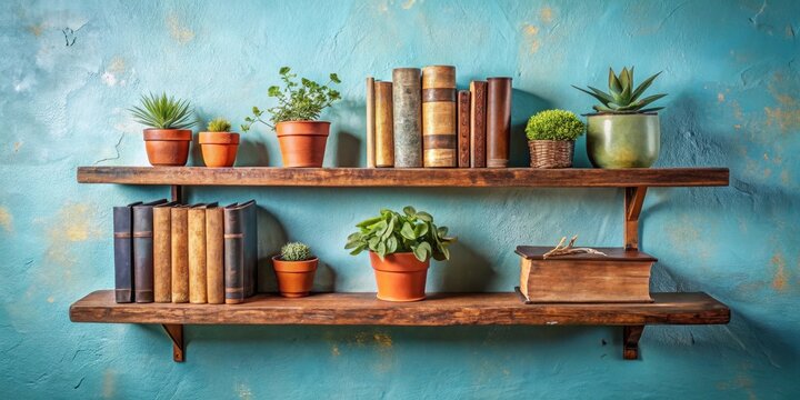 Rustic wooden shelf with potted plants and antique books against a teal textured wall - Powered by Adobe
