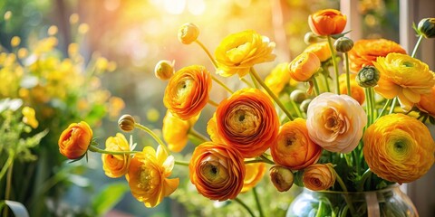 Vibrant yellow and orange ranunculus blossoms in a glass vase, bathed in sunlight, creating a cheerful and elegant floral arrangement.