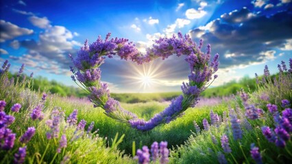 A heart-shaped lavender wreath frames a vibrant sunset over a field of purple flowers, creating a picturesque scene of natural beauty and serenity.
