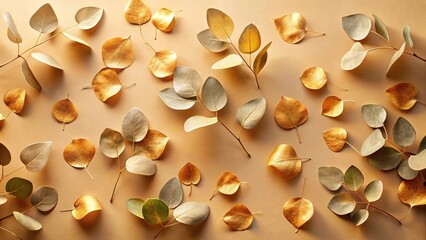 Elegant Golden and Silver Foliage Arranged on a Soft Tan Background, Creating a Luxurious and Refined Composition Perfect for Festive or Autumnal Designs