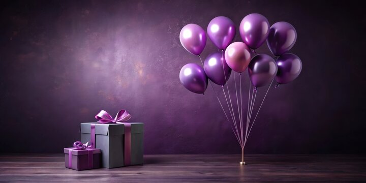 A Festive Celebration  Purple Balloons and Beautifully Wrapped Presents on a Dark Wooden Surface