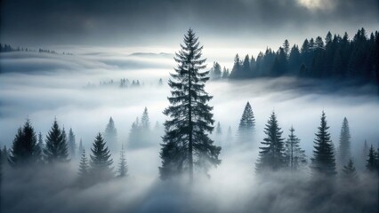 Serene morning mist envelops a majestic evergreen forest, creating an ethereal landscape of towering pines and rolling fog banks.