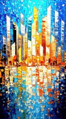An abstract painting of a cityscape with tall buildings reflected in water, featuring warm orange and yellow tones contrasted against cool blues.