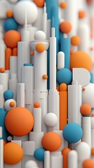 An abstract cityscape composed of white, orange, and blue geometric shapes, including spheres and cylinders, creating a modern design.
