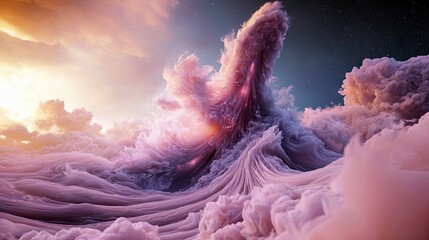 An abstract, dreamlike image of a cloud formation rising in a colorful sky, with a sense of wonder and fantasy.