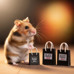 Hamster holding miniature Black Friday sale shopping bag, symbolizing big savings and popular shopping holiday discount promotion event.