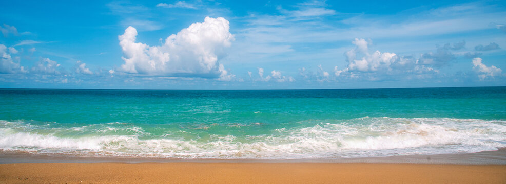 Fototapeta Banner Turquoise ocean sea water white wave pattern splashing deep blue sea. Banner Tropical sea beach Seascape dark background wave splash on rock. Summer Ocean Surface big wave with copy space
