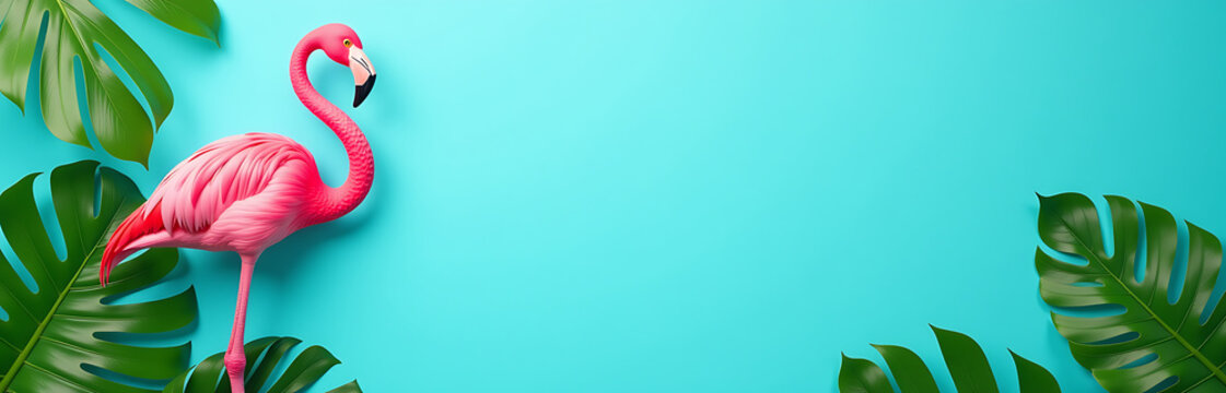 bright blue background showcases vibrant pink flamingo silhouette amidst lush green tropical foliage set summer wonderland