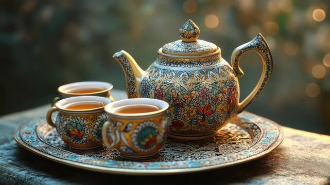 A beautifully decorated tea set with a teapot and two cups, sitting on a wooden table, ready for an afternoon tea experience.