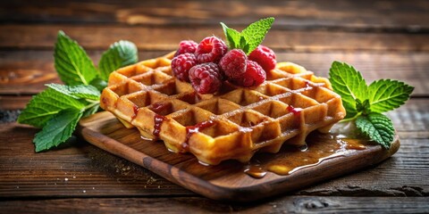 Golden Waffles Topped with Raspberries and Drizzled with Syrup on Wooden Board