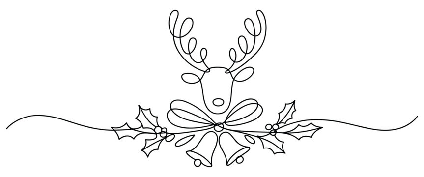 Festive reindeer line illustration paired with holly branches, ribbon and holiday bells
