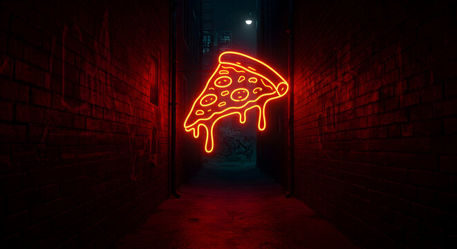 A neon sign of a pizza slice, glowing in a dark alley