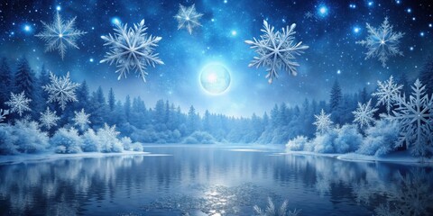 Enchanted Winter Wonderland  Frozen Lake Reflecting a Full Moon and Falling Snowflakes in a Mystical Forest