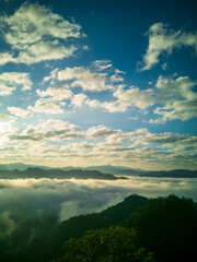 Vertical Horizon Blue golden sky sunrise dramatic beautiful landscape mountain. Dawn sky gold time cloudscape. Vertical Dramatic sunset over mountain landscape. Beautiful landscape fog morning hills