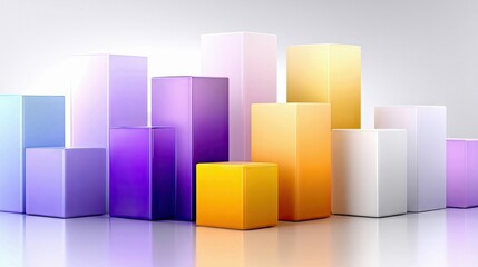 A collection of colorful, abstract cubes of varying sizes are arranged against a white background, reflecting on a glossy surface, illuminated with soft lightin