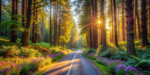 Sunlit Path Through a Verdant Forest at Dawn, Where Beams of Light Illuminate a Scenic Road Lined with Lush Greenery and Vibrant Blossoms