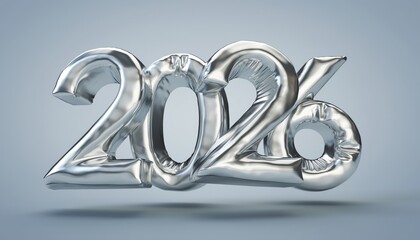Shiny metallic silver balloon-like number 2026 floating against a light grey background, representing a future year or celebration.