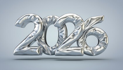 Shiny silver metallic balloon numbers forming '2026' floating on a light gray background, symbolizing a new year.