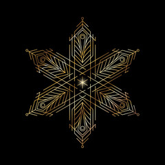 Art Deco golden snowflake on black background. Elegant luxury Christmas vector illustration.