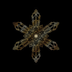 Art Deco golden snowflake on black background. Elegant luxury Christmas vector illustration.
