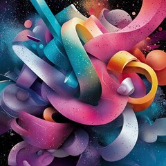 An abstract digital art piece featuring colorful, ribbon-like shapes in various hues against a dark background with speckled effects.