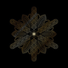 Art Deco golden snowflake on black background. Elegant luxury Christmas vector illustration.