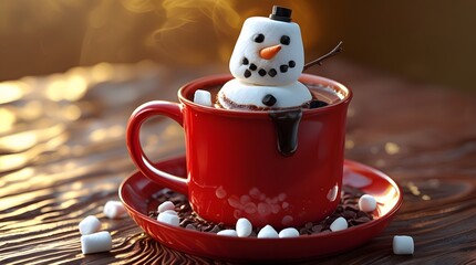 A bright red ceramic mug filled with rich, creamy hot chocolate, topped with a melted marshmallow snowman