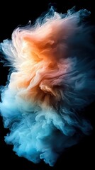 An abstract image of colorful smoke against a black background. The smoke is a mix of orange, blue, and white hues, creating a dynamic and visually striking com