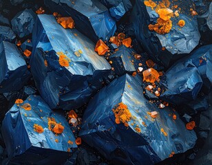 Blue rocks with bright orange accents, close-up view