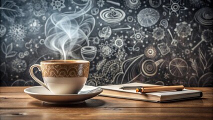 Aromatic Coffee Steam Rises Above a Rustic Cup Beside a Notebook and Pencils on Wooden Table with Whimsical Background