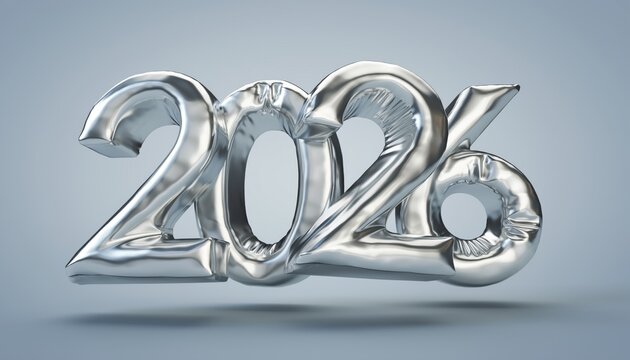 Shiny metallic silver balloon-like number 2026 floating against a light grey background, representing a future year or celebration.