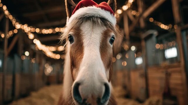 festive horse in the stable wearing a santa hat animation