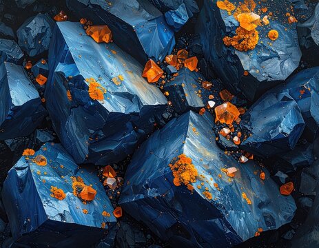 Blue rocks with bright orange accents, close-up view