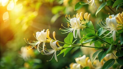 Golden hour sunlight illuminates delicate white blossoms and vibrant green foliage of a flowering plant.
