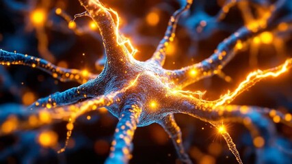 Close-up of a neuron with glowing synapses, representing neural networks and brain activity.