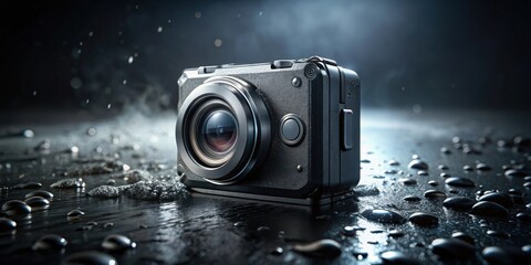 A rugged, waterproof camera rests on a dark, wet surface, reflecting the ambient light and showcasing its durability and resilience.